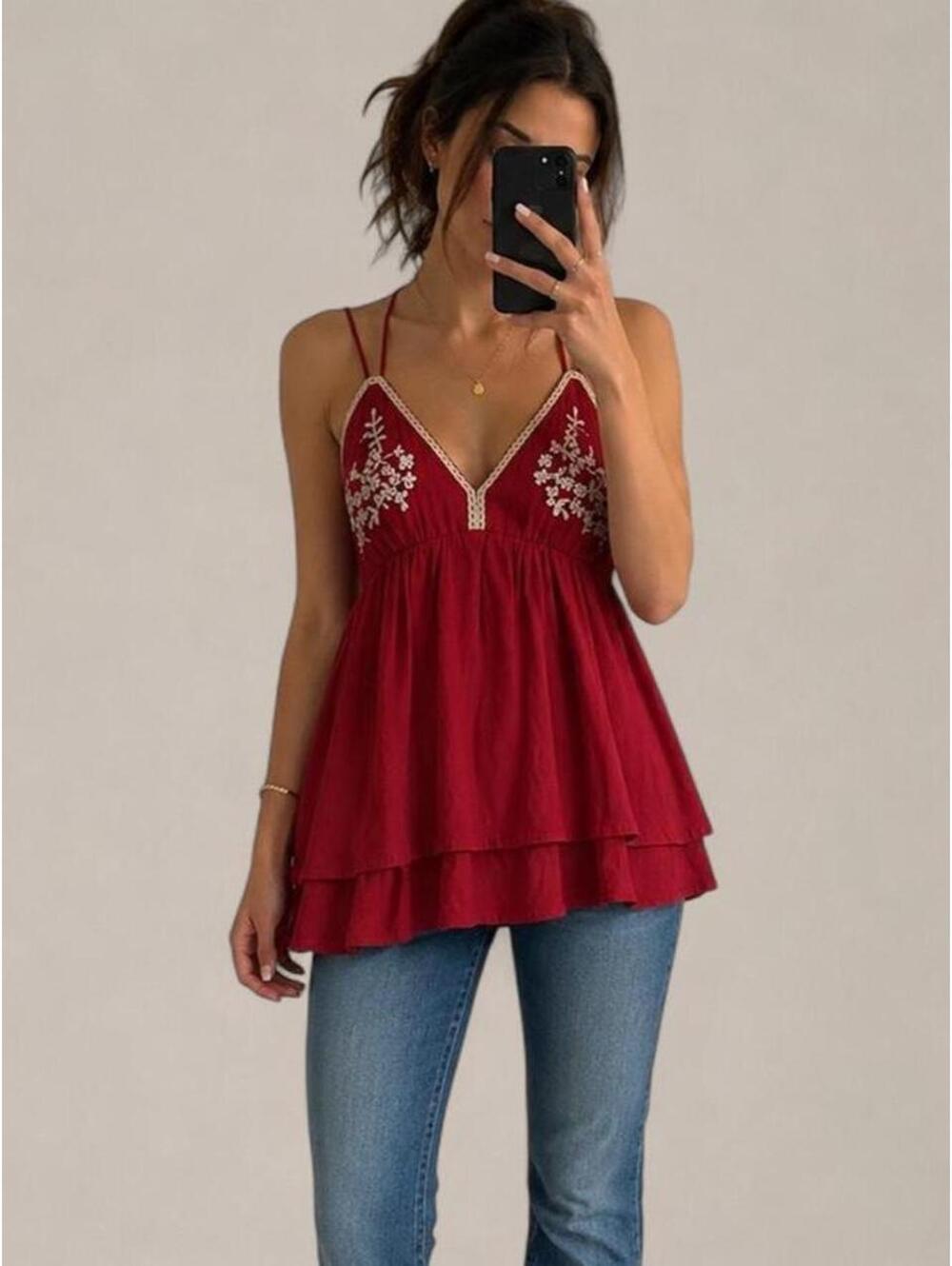 Entro Red Embroidered Babydoll Tank Top L
